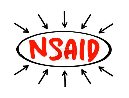 Illustration for NSAID Nonsteroidal anti-inflammatory drug - medicines that are widely used to relieve pain, reduce inflammation, and bring down a high temperature, acronym text with arrows - Royalty Free Image