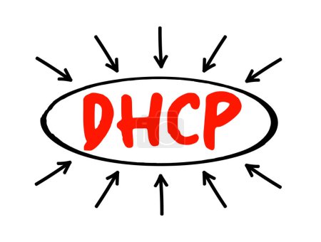 Ilustración de DHCP - Dynamic Host Configuration Protocol es un protocolo de administración de red utilizado en redes de protocolo de Internet para asignar automáticamente direcciones IP, concepto de texto acrónimo con flechas - Imagen libre de derechos