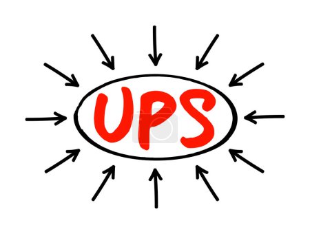Téléchargez les illustrations : UPS - Uninterruptible Power Supply est un appareil électrique qui fournit une alimentation de secours à une charge lorsque la source d'alimentation d'entrée ou l'alimentation secteur tombe en panne, concept de texte acronyme avec des flèches - en licence libre de droit