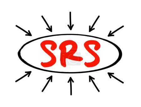 Illustration for SRS - Software Requirements Specification is a description of a software system to be developed, acronym text concept with arrows - Royalty Free Image
