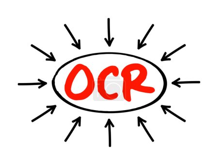 Téléchargez les illustrations : OCR - Reconnaissance optique des caractères est le processus qui convertit une image de texte en un format texte lisible par machine, concept de technologie d'acronyme avec des flèches - en licence libre de droit