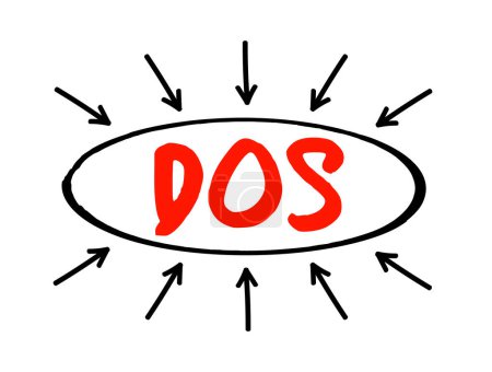 Illustration for DOS - Disk Operating System is a computer operating system that resides on and can use a disk storage device, acronym text concept with arrows - Royalty Free Image