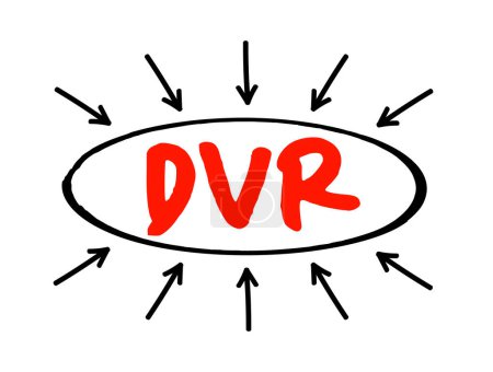 Illustration for DVR - Digital Video Recorder is an electronic device that records video in a digital format to a disk drive, acronym technology concept with arrows - Royalty Free Image