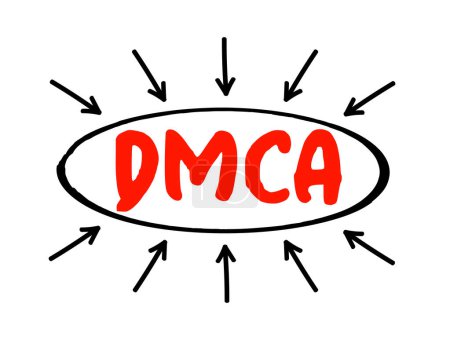 Ilustración de DMCA - Texto acrónimo de Digital Millennium Copyright Act con flechas, fondo del concepto de tecnología - Imagen libre de derechos