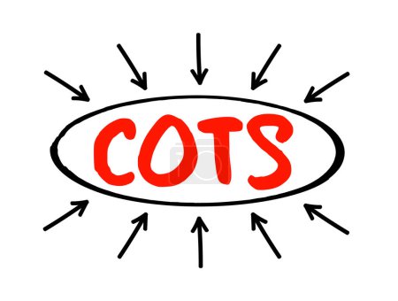 Téléchargez les illustrations : COTS - Texte d'acronyme commercial standard avec flèches, arrière-plan du concept d'entreprise - en licence libre de droit
