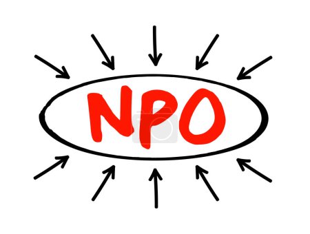 Ilustración de NPO - Organización sin fines de lucro es una entidad jurídica organizada y operada para un beneficio colectivo, público o social, concepto de acrónimo con flechas - Imagen libre de derechos