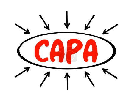 Ilustración de CAPA - Acción Correctiva y Preventiva consiste en mejoras en los procesos de una organización tomadas para eliminar causas de inconformidades u otras situaciones indeseables, acrónimo con flechas - Imagen libre de derechos