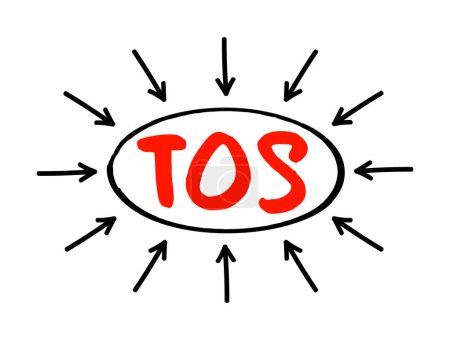 Ilustración de TOS - Términos de servicio son los acuerdos legales entre un proveedor de servicios y una persona que desea utilizar ese servicio, concepto de texto acrónimo con flechas - Imagen libre de derechos