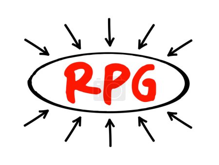 Illustration for RPG - Role-Playing Game is a game in which players assume the roles of characters in a fictional setting, acronym text concept with arrows - Royalty Free Image