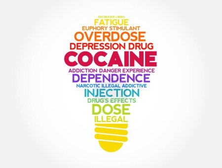 Téléchargez les illustrations : La cocaïne est une drogue stimulante obtenue à partir des feuilles de deux espèces de Coca, mot bulbe nuage concept fond - en licence libre de droit