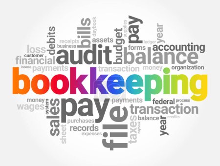 Bookkeeping is the recording of financial transactions, and is part of the process of accounting in business, word cloud concept background