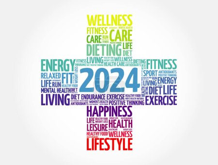 2024 Objetivos de salud y deporte nube de palabras cruzadas, fondo conceptual