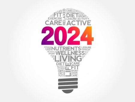 Ilustración de 2024 Objetivos de salud bombilla palabra nube, fondo concepto de salud - Imagen libre de derechos