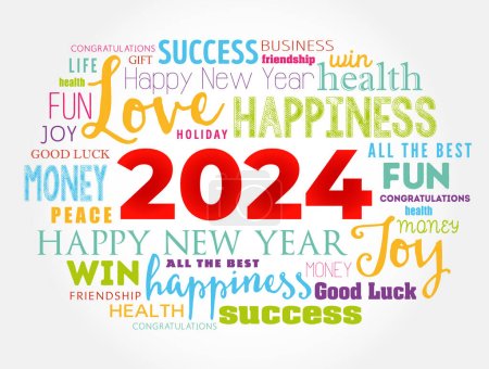 Ilustración de 2024 año saludo palabra nube collage, Feliz Año Nuevo celebración tarjeta de felicitación - Imagen libre de derechos