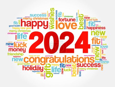 Ilustración de 2024 año saludo palabra nube collage, Feliz Año Nuevo celebración tarjeta de felicitación - Imagen libre de derechos