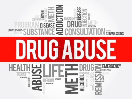 Drug Abuse - use of certain chemicals for the purpose of creating pleasurable effects on the brain, word cloud health concept background