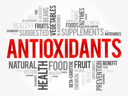 Illustration for Antioxidants are chemicals that lessen or prevent the effects of free radicals, word cloud concept background - Royalty Free Image