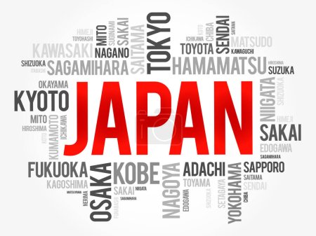 Téléchargez les illustrations : Liste des villes en Japon, mot cloud collage, concept de voyage background - en licence libre de droit