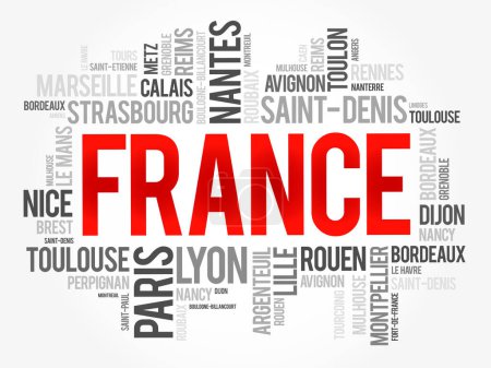 Téléchargez les illustrations : Liste des villes et villages de France, word cloud collage, travel concept background - en licence libre de droit