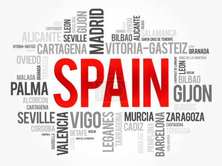 Ilustración de Lista de ciudades en España nube de palabras, municipios españoles, fondo concepto de negocios y viajes - Imagen libre de derechos