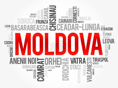 Illustration pour Liste des villes en Moldavie mot cloud collage, education and travel concept background - image libre de droit