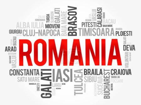 Téléchargez les illustrations : Liste des villes en Roumanie mot cloud collage, business and travel concept background - en licence libre de droit
