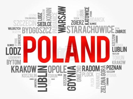 Ilustración de Lista de ciudades y pueblos en Polonia, palabra nube collage, business and travel concept background - Imagen libre de derechos