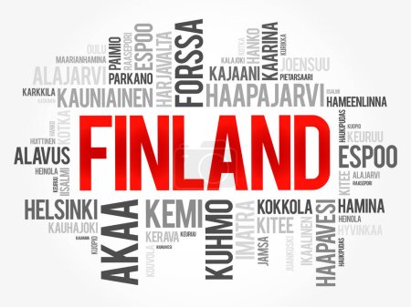 Ilustración de Lista de ciudades y pueblos en Finlandia, palabra nube collage, business and travel concept background - Imagen libre de derechos