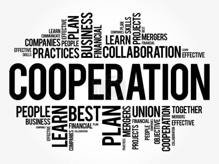 Téléchargez les illustrations : Collage nuage mot de coopération, arrière-plan de concept d'entreprise - en licence libre de droit