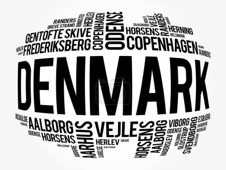 Téléchargez les illustrations : Liste des villes et villages en Danemark, word cloud collage, business and travel concept background - en licence libre de droit