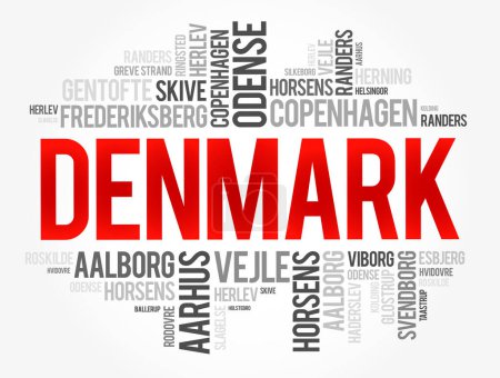 Illustration for List of cities and towns in Denmark, word cloud collage, business and travel concept background - Royalty Free Image