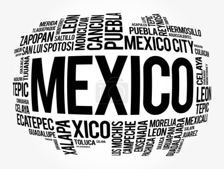 Ilustración de Lista de ciudades y pueblos en México, word cloud collage, business and travel concept background - Imagen libre de derechos