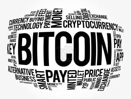 Illustration for Bitcoin - decentralized digital currency, without a central bank or single administrator, word cloud concept background - Royalty Free Image