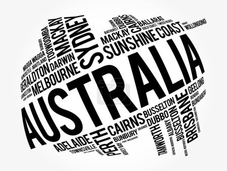 Téléchargez les illustrations : Liste des villes et villages en Australie, mot cloud collage, business and travel concept background - en licence libre de droit