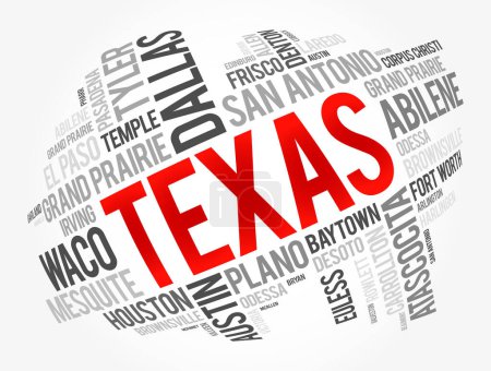 Téléchargez les illustrations : Liste des villes en Texas USA state word cloud, concept background - en licence libre de droit