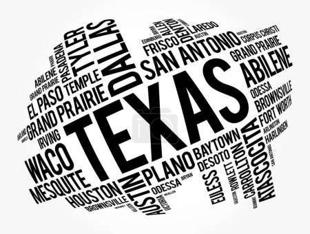 Illustration for List of cities in Texas USA state word cloud, concept background - Royalty Free Image