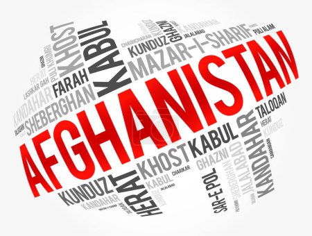 Ilustración de Lista de ciudades y pueblos en Afganistán, palabra nube collage, business and travel concept background - Imagen libre de derechos