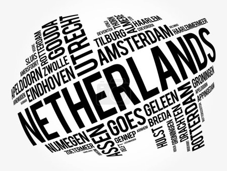 Ilustración de Lista de ciudades en los Países Bajos, palabra nube collage, business and travel concept background - Imagen libre de derechos