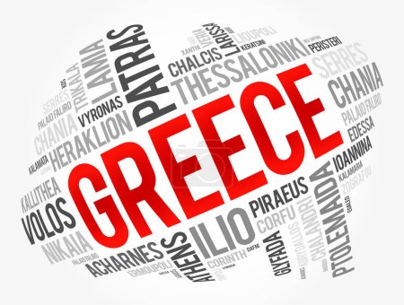 Ilustración de Lista de ciudades y pueblos en Grecia, palabra nube collage, business and travel concept background - Imagen libre de derechos
