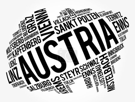 List of cities and towns in AUSTRIA, word cloud collage, business and travel concept background