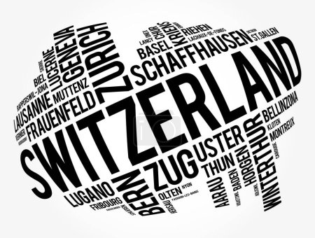Téléchargez les illustrations : Liste des villes et villages de Suisse, mot cloud collage, business and travel concept background - en licence libre de droit