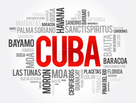 Téléchargez les illustrations : Liste des villes et villages de Cuba, word cloud collage, business and travel concept background - en licence libre de droit