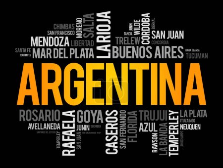 Téléchargez les illustrations : Liste des villes et villages en Argentine, mot cloud collage, business and travel concept background - en licence libre de droit