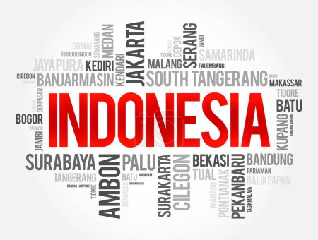 Ilustración de Lista de ciudades y pueblos en Indonesia, palabra nube collage, business and travel concept background - Imagen libre de derechos