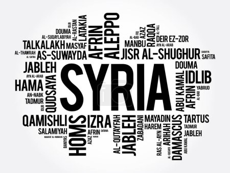 Ilustración de Lista de ciudades y pueblos en Siria, palabra nube collage, business and travel concept background - Imagen libre de derechos