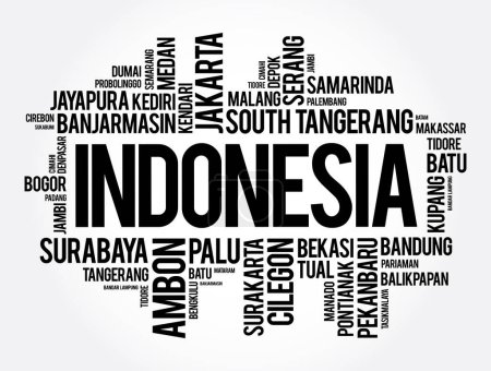Ilustración de Lista de ciudades y pueblos en Indonesia, palabra nube collage, business and travel concept background - Imagen libre de derechos