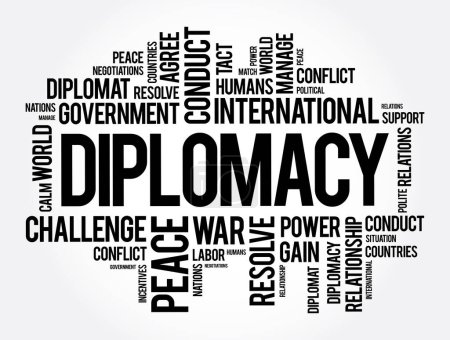 Ilustración de Diplomacia: la profesión, la actividad o la habilidad de gestionar las relaciones internacionales, típicamente por los representantes de un país en el extranjero, fondo del concepto de nube de palabras - Imagen libre de derechos