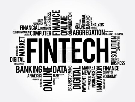 Fintech - technology and innovation that aims to compete with traditional financial methods in the delivery of financial services, word cloud concept background