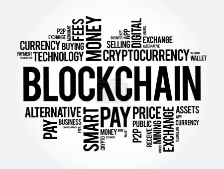 Téléchargez les illustrations : Blockchain crypto-monnaie pièce mot nuage collage, concept d'entreprise backgroun - en licence libre de droit