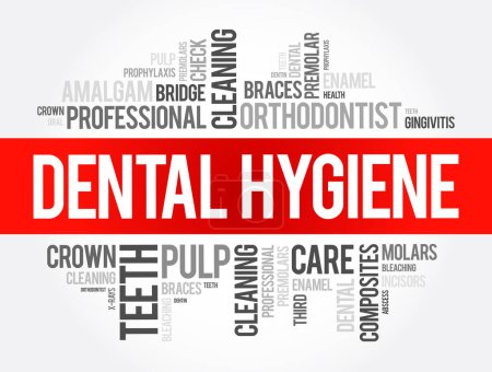Téléchargez les illustrations : Hygiène dentaire mot nuage collage, santé concept arrière-plan - en licence libre de droit